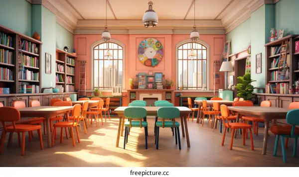 Colorful Classroom Interior with Desks and Chairs