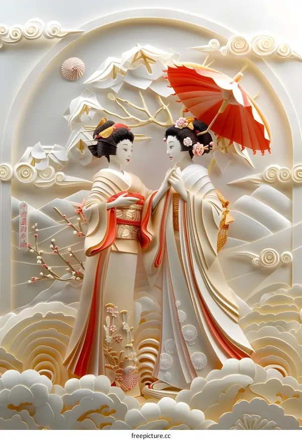 Two Japanese women in traditional kimonos holding hands under a red umbrella