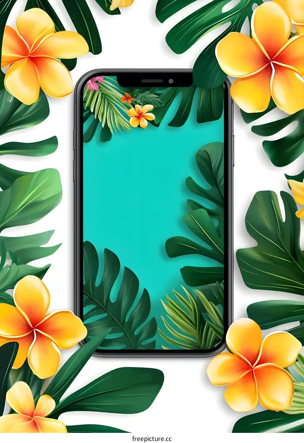 Tropical Leaf Background With Smartphone