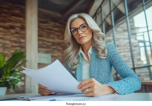 Focused Business Woman Reviewing Documents in Modern Office