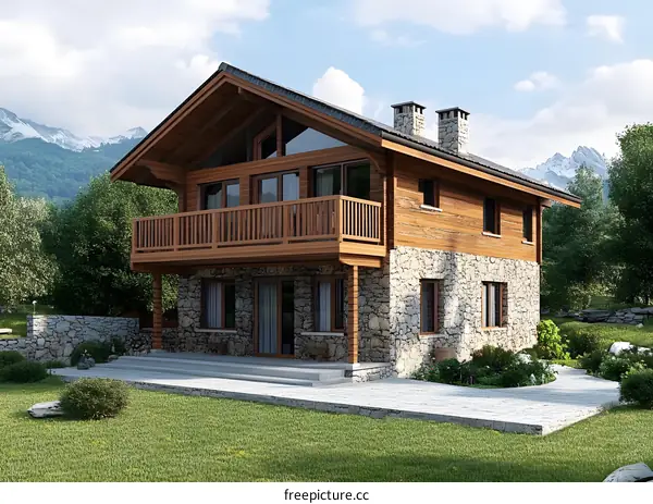 Wooden Cabin House with Balcony in Mountain Landscape