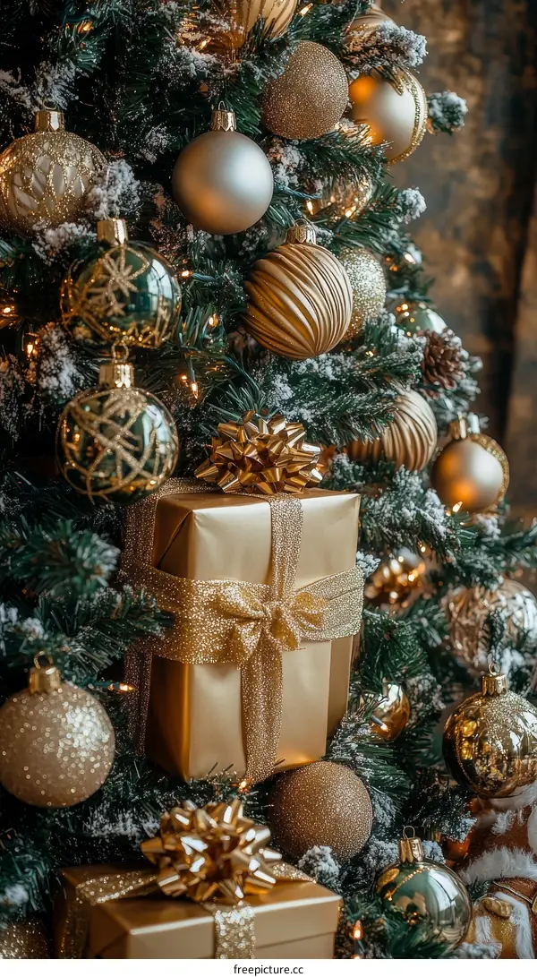 Christmas Tree Decor with Gold Gifts and Ornaments