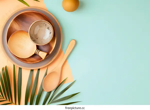 Wooden Kitchen Utensils Flat Lay With Green Leaves