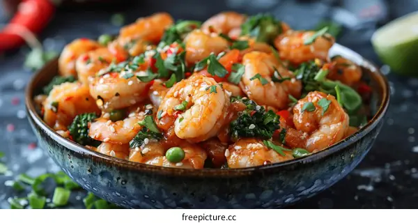 A delicious bowl of shrimp stir fry with vegetables