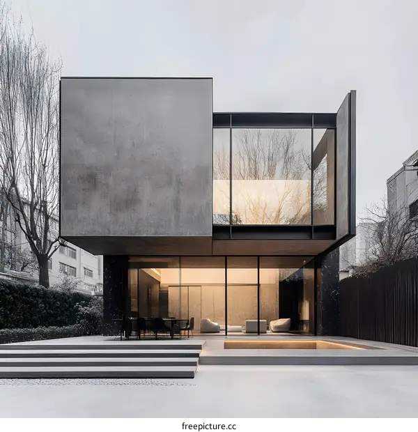 Modern Minimalist Concrete House Exterior with Large Windows and Patio