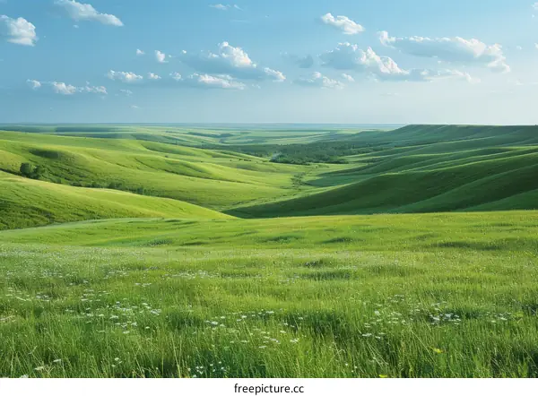 Green Rolling Hills Under Blue Skies
