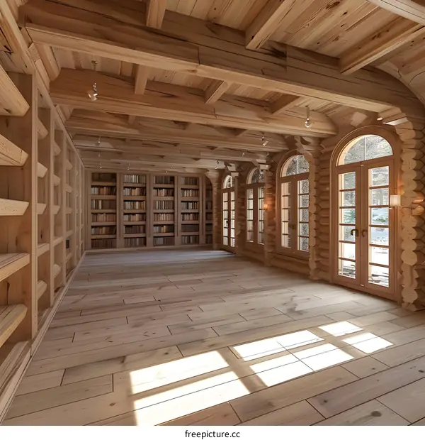 Wooden Library with Large Windows