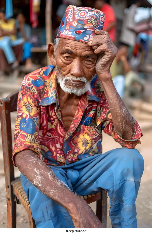 Portrait of an Elderly Man Wearing Traditional Nepali Clothing