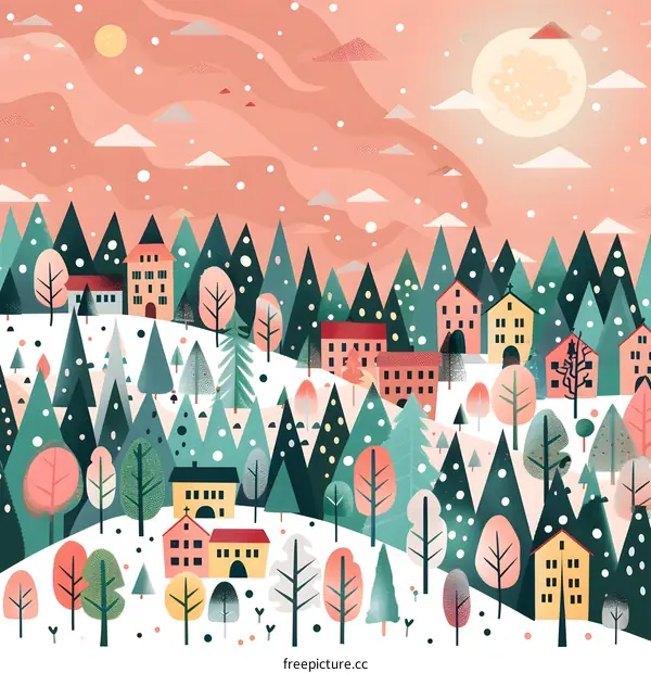 Winter Village Illustration with a Pink Sky and Snowy Hills