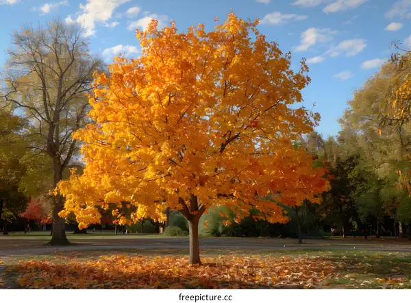 Autumn Tree with Golden Leaves in Park