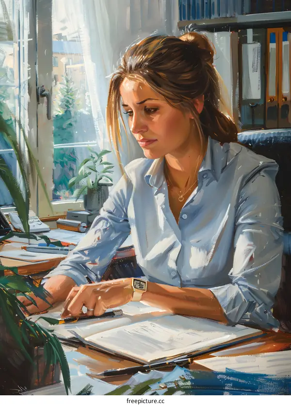 A woman is sitting at a desk, reading a book.