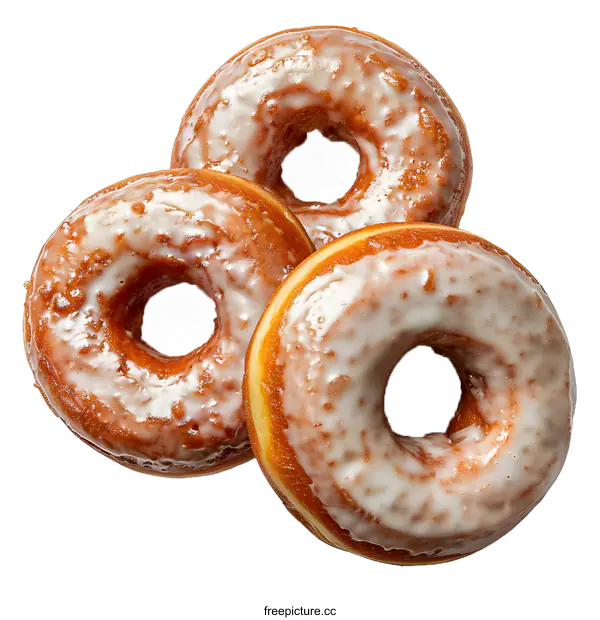 [Transparent Background PNG]Three Glazed Donuts on a White Background