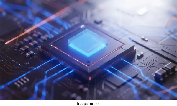 Blue Light Emitting Microchip on Circuit Board Closeup