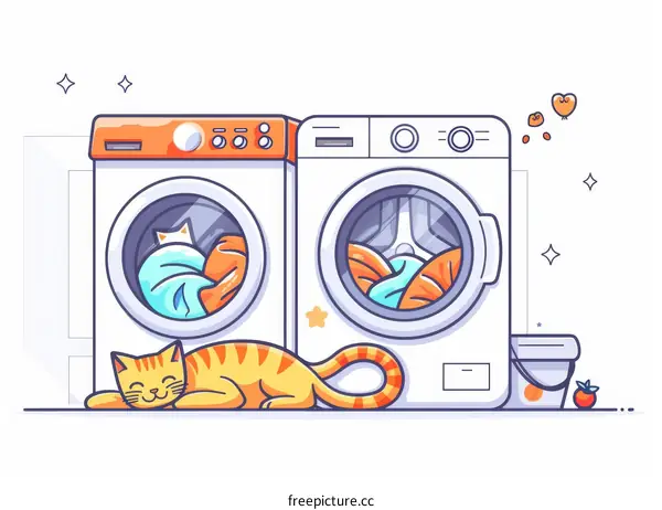 A ginger cat sleeping next to a washing machine