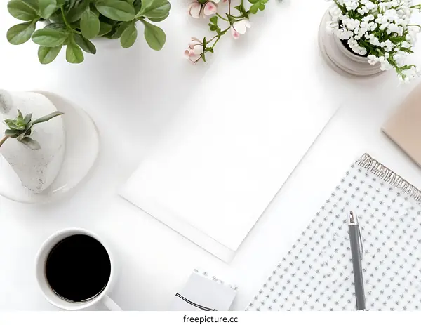 White Minimalist Desk Workspace with Coffee and Plants