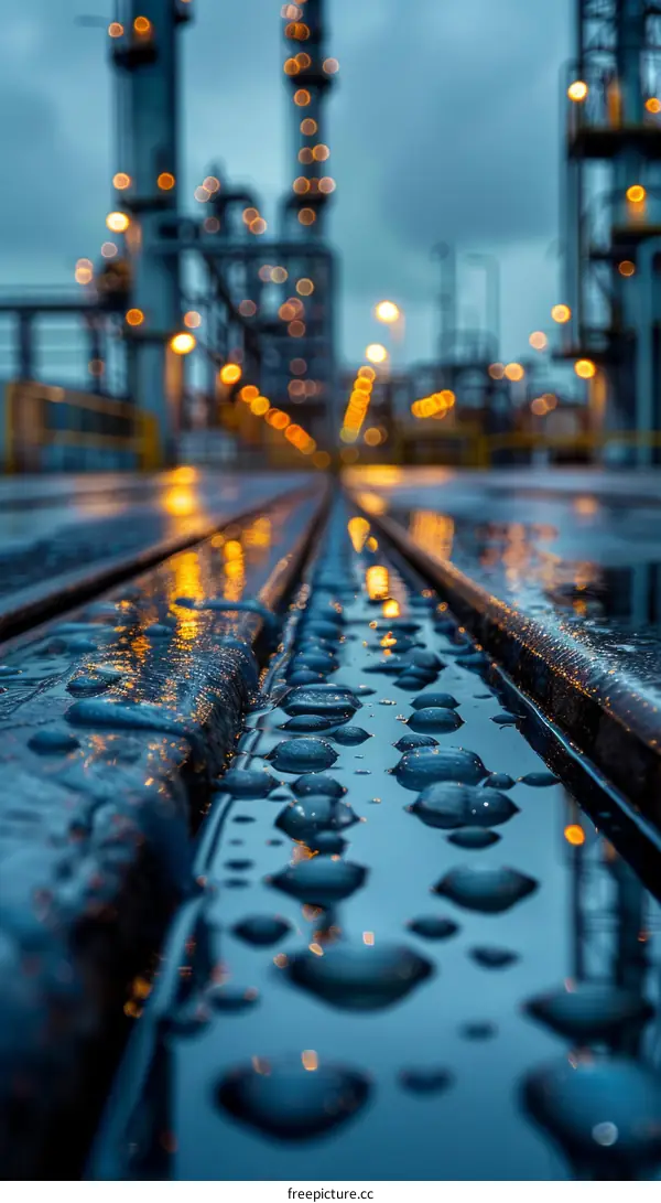 Close-up of raindrops on a metal surface with an industrial background