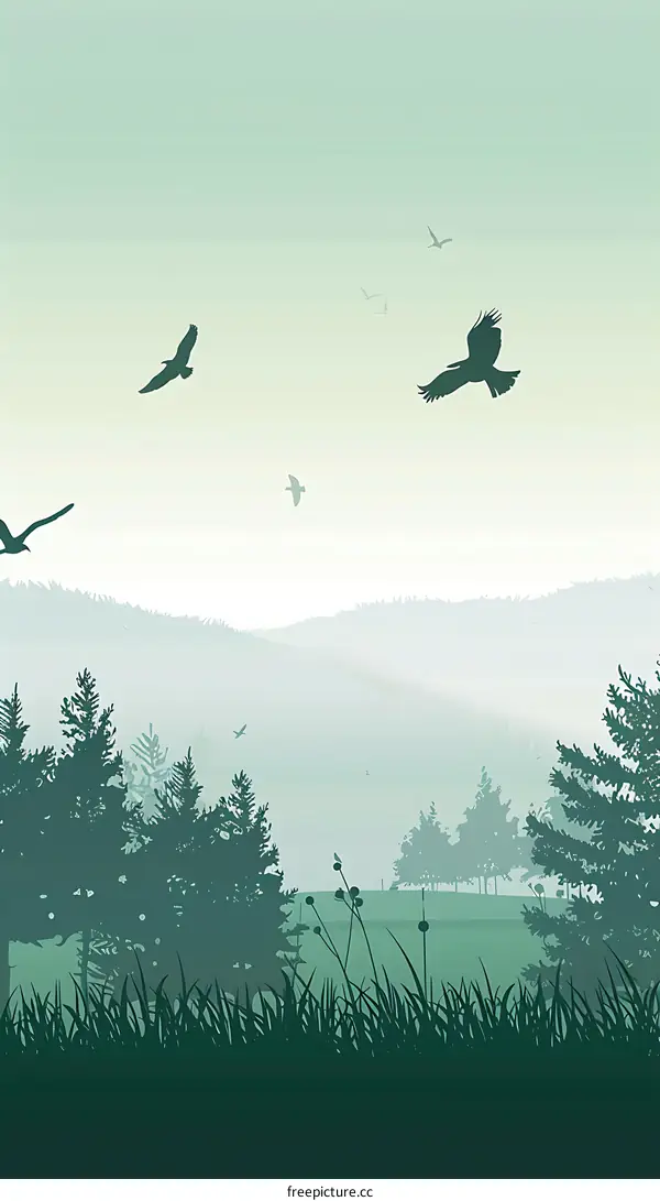 Green Landscape With Birds Flying in the Sky