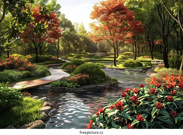 Serene Garden Landscape with Pond and Wooden Bridge