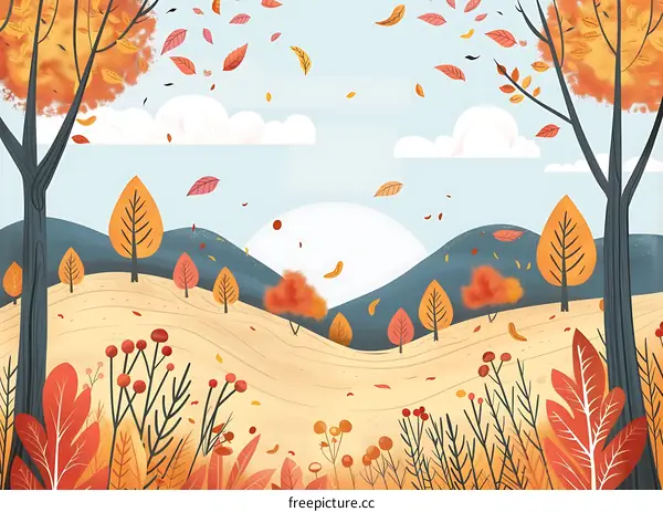 Autumn Landscape Illustration With Falling Leaves