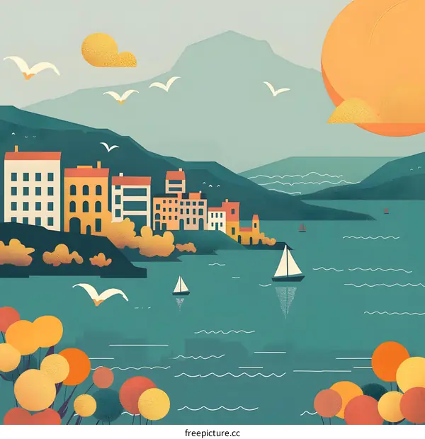 Coastal Cityscape with Sun and Seagulls Illustration