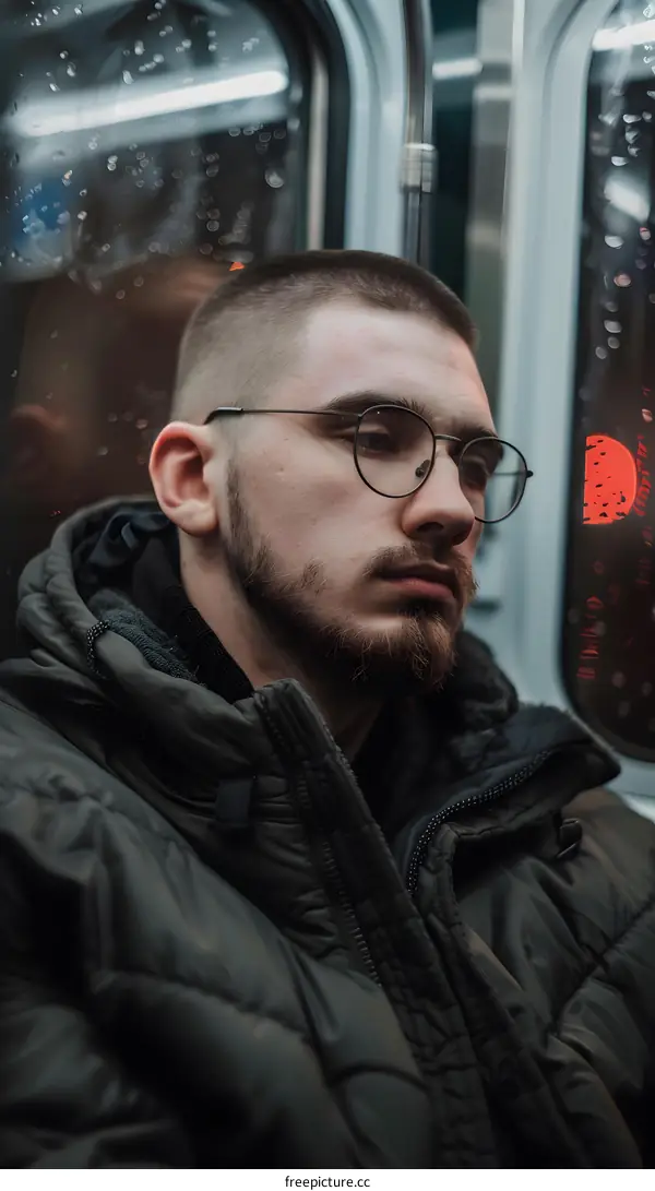 Man in Black Jacket Sitting on Public Transportation