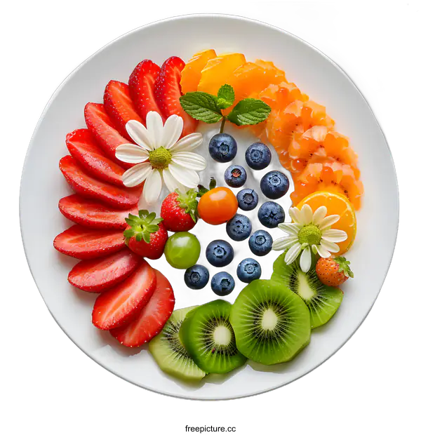 [Transparent Background PNG]Colorful fruit slices arranged on a white plate