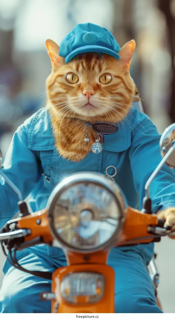 Cat in Uniform Rides Blue Motorcycle
