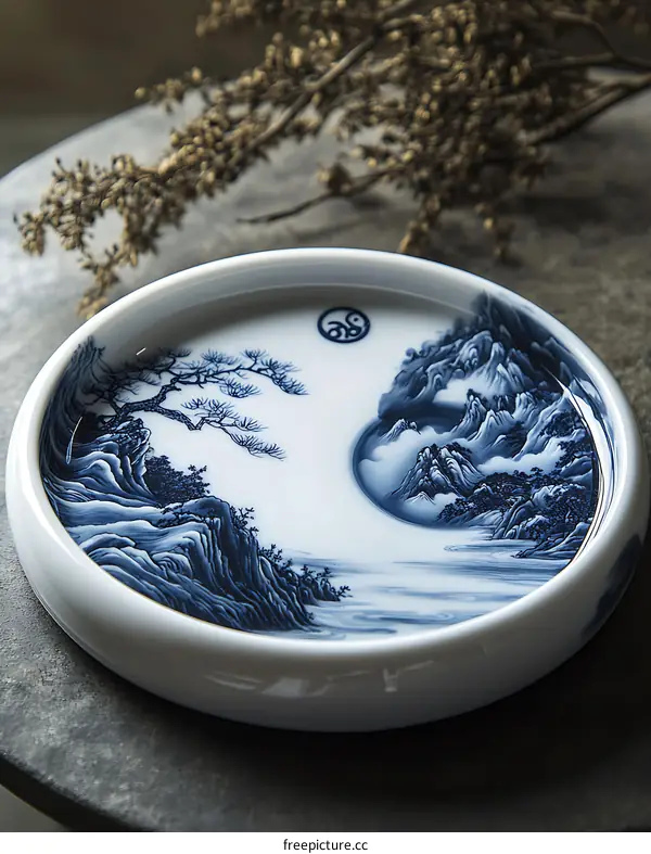 Blue and White Porcelain Plate with Mountain Landscape Design