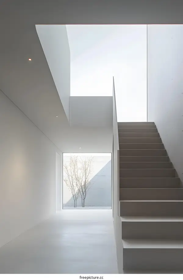 Modern Minimalist Interior Design with White Stairs and a View of a Courtyard