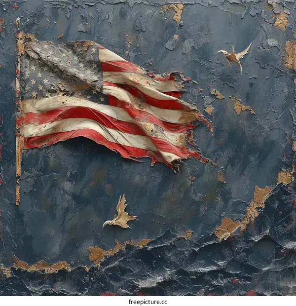 weathered american flag with two origami birds