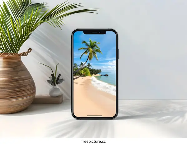 Phone Displaying Tropical Beach Scenery