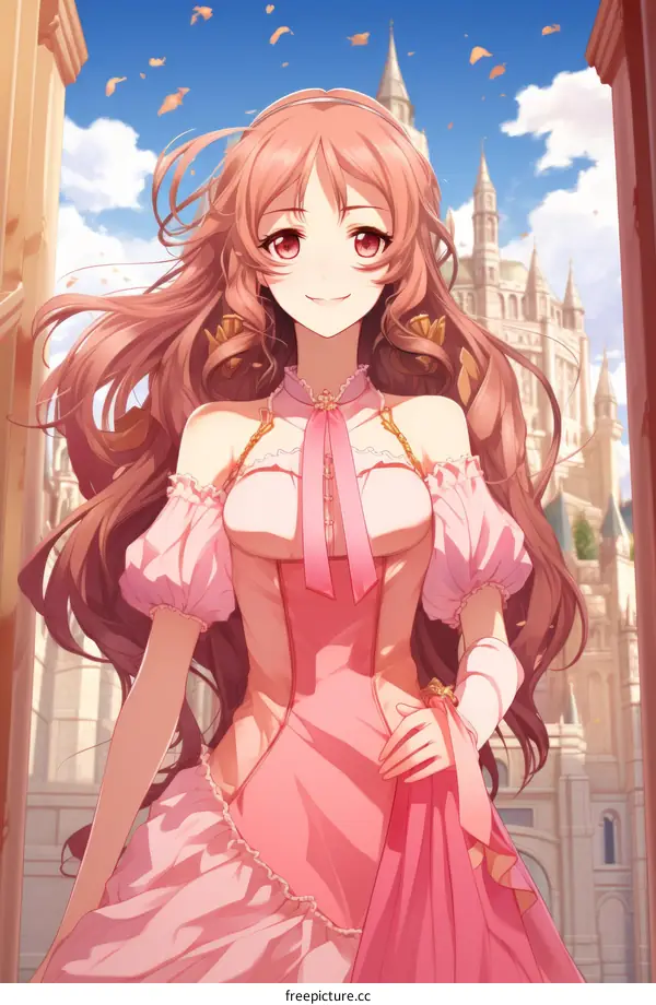 anime girl with pink hair and pink dress standing in front of a castle