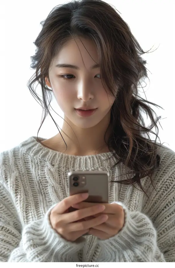 A young woman in a white sweater is looking at her phone
