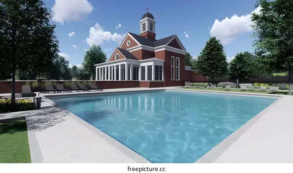 Swimming Pool with Brick Building and Palm Trees