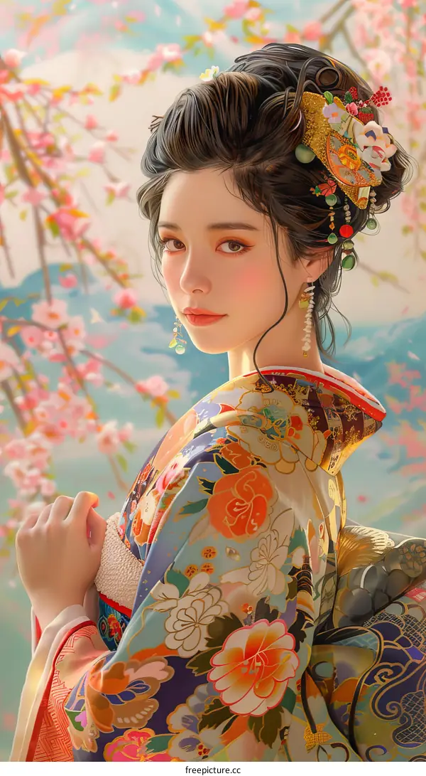 An Asian woman in a kimono with pink flowers in the background