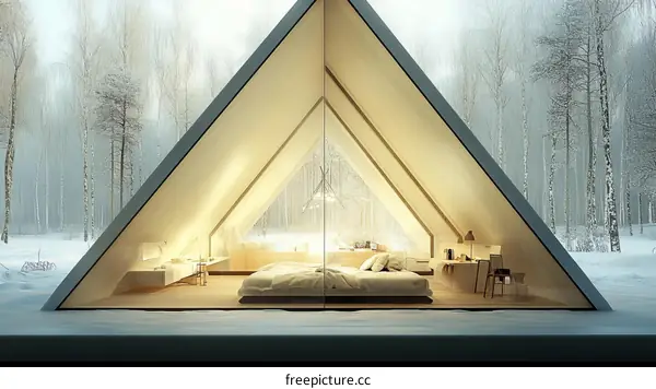 Modern Triangular Cabin in Snowy Forest
