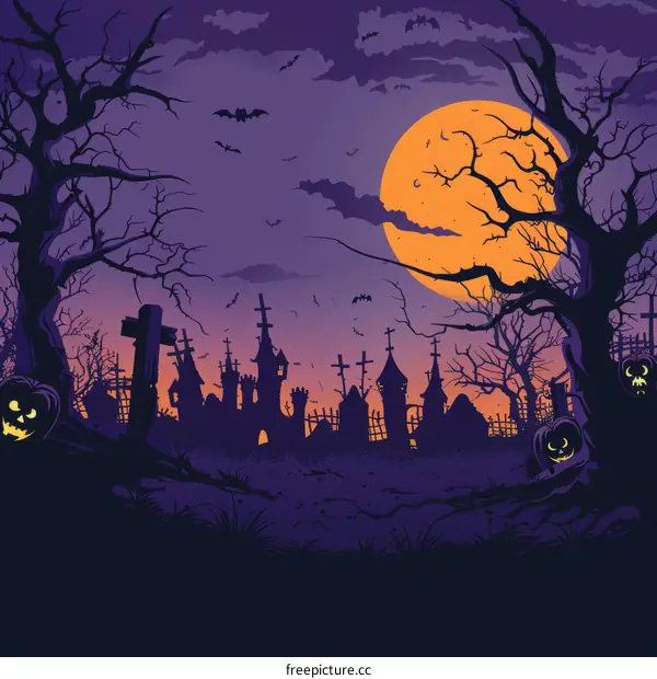 Spooky Graveyard at Night with Haunted House and Scary Pumpkins