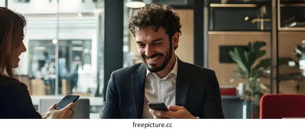 Smiling Man and Woman Looking at Phones In Office