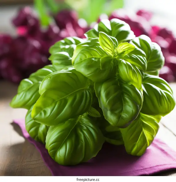Fresh green basil leaves closeup