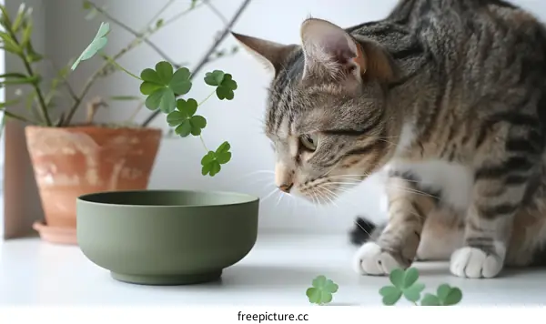 Cat looking at a bowl with clovers