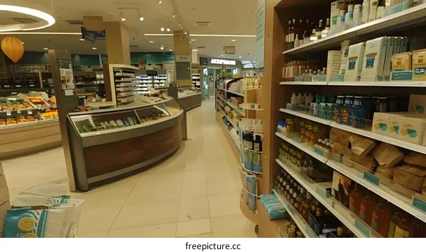 Grocery Store Interior with Shelves Full of Products