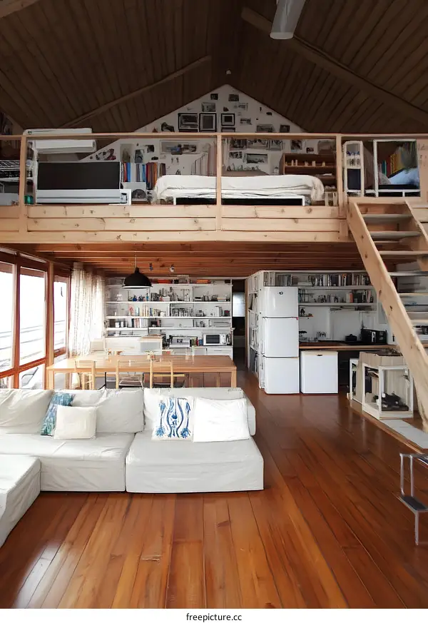 Modern Loft Living Room with Wooden Flooring and Loft Bedroom