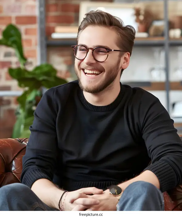 Smiling man wearing glasses sitting on a leather sofa