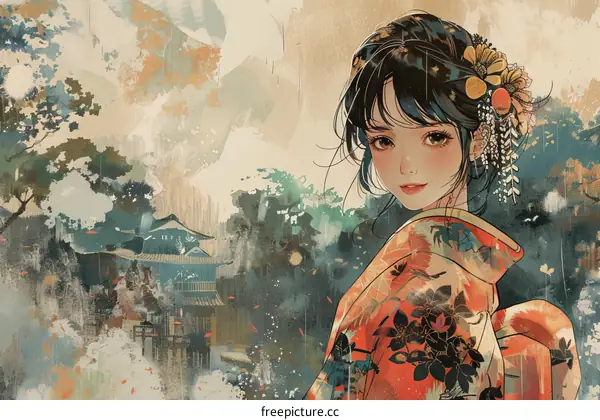 An illustration of a beautiful Japanese woman in a kimono standing in a rainy forest with a traditional house in the background