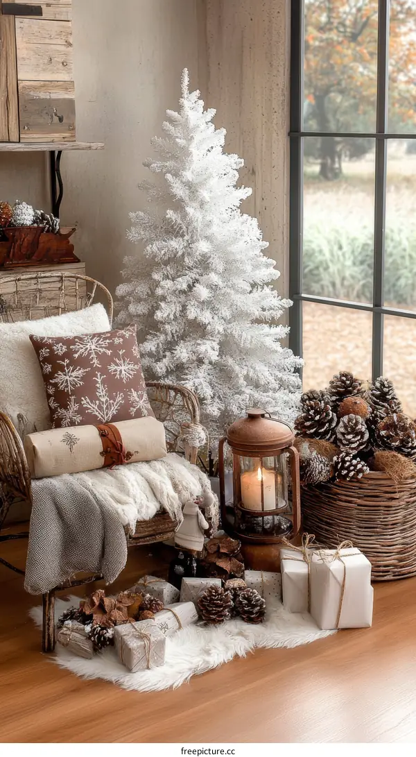 Cozy Christmas Decor with White Christmas Tree