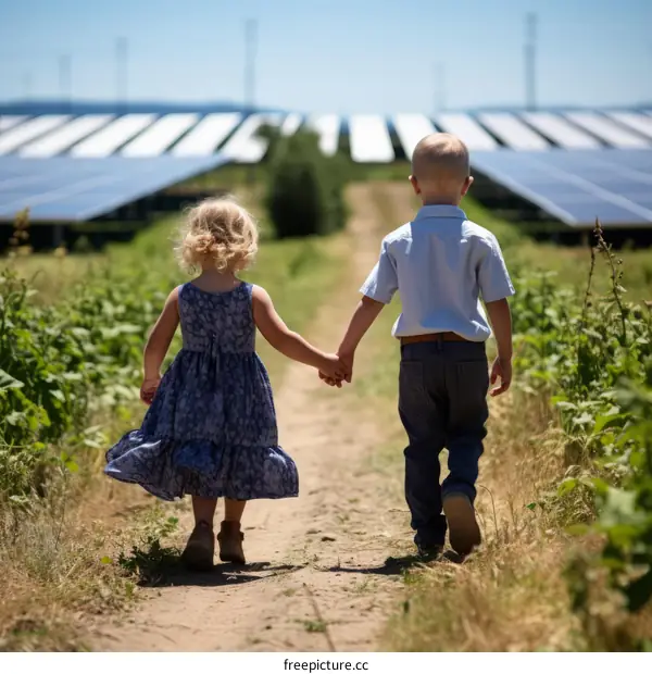 Small children holding hands in a large solar farm