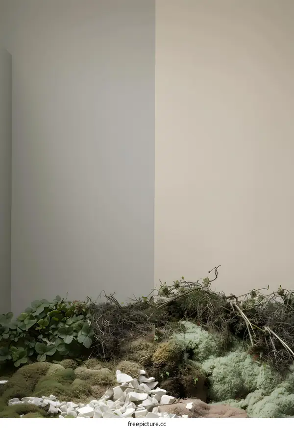 Green and Beige Wall with Moss and Rocks