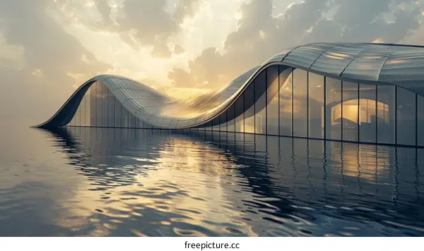 Wavy futuristic building reflecting in water at sunset
