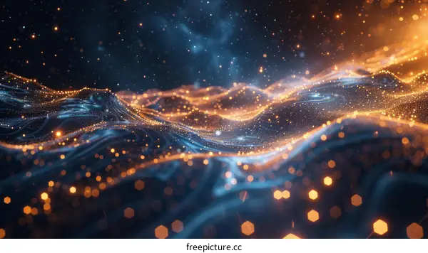 Blue and orange glowing particles form into a wave-like shape