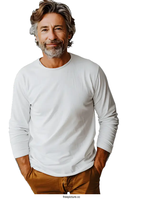 [Transparent Background PNG]Smiling Caucasian Man Wearing White T-Shirt and Brown Pants